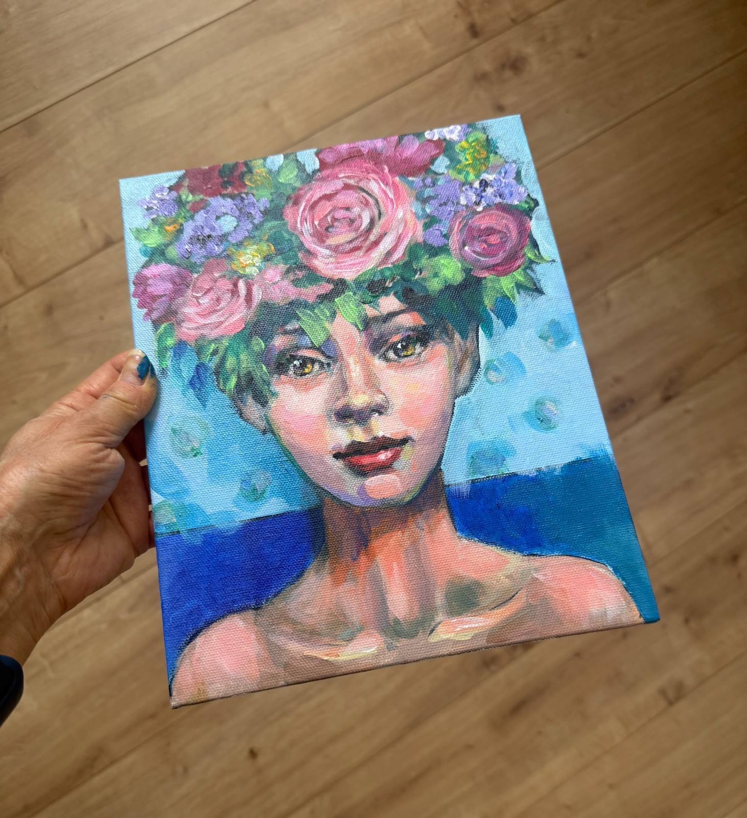 Original Floral Portrait Painting Woman w/ Flower Crown Acrylic 8×10 OOAK Signed