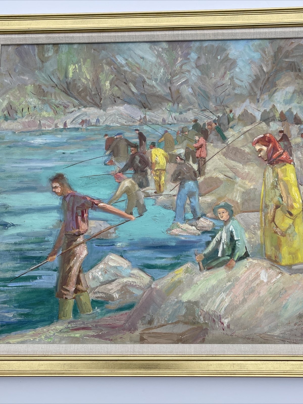 Fisherman painting people fishing mid century American Impressionism landscape