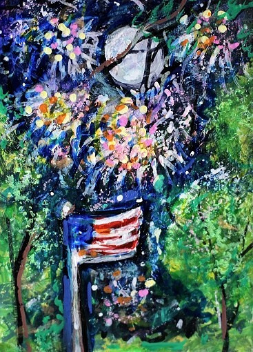 ACEO Original Painting FIREWORKS Summer Night Trees Moon Flag July 4 USA ATC ART