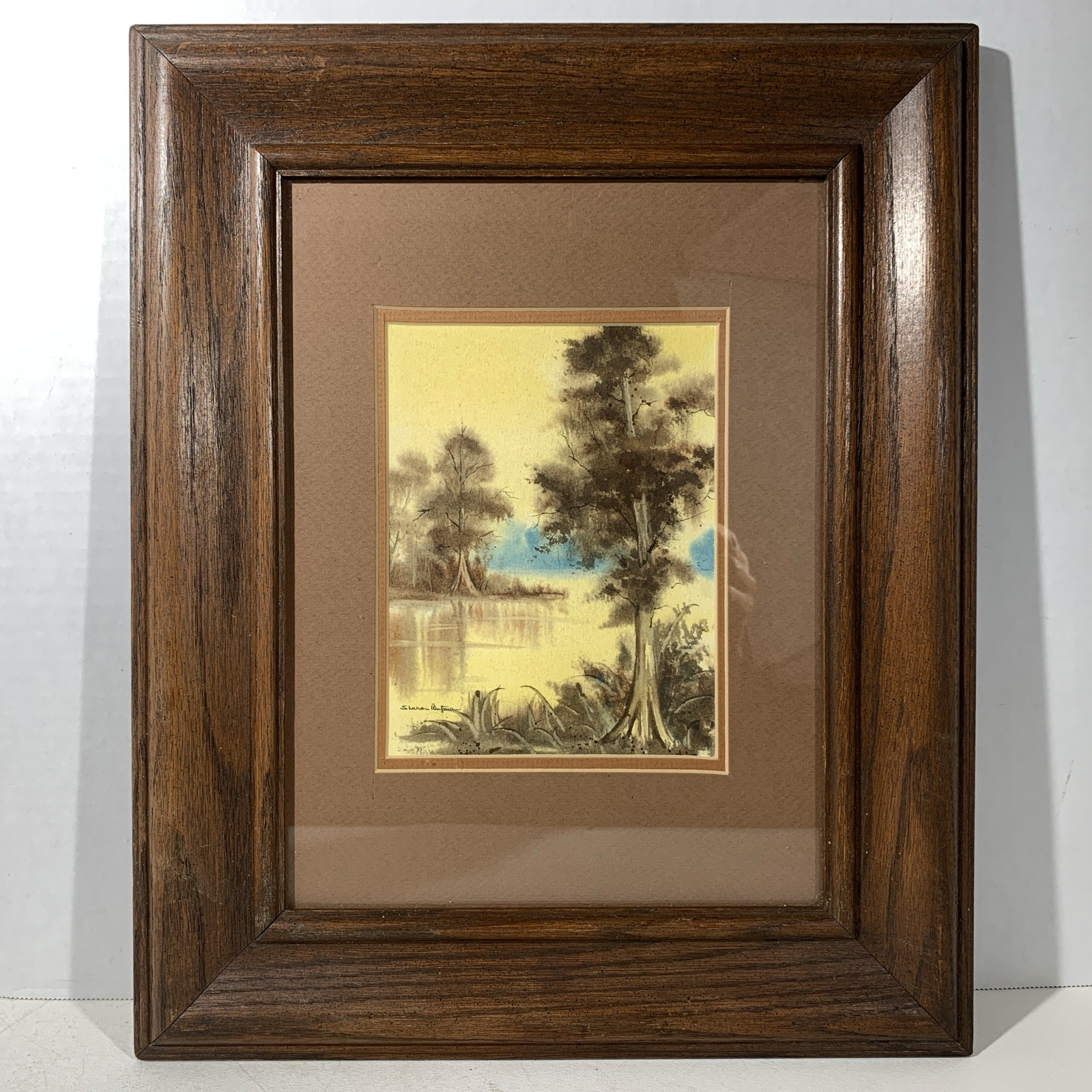 Original Water Landscape Trees Watercolor Art Painting Wood Framed Signed