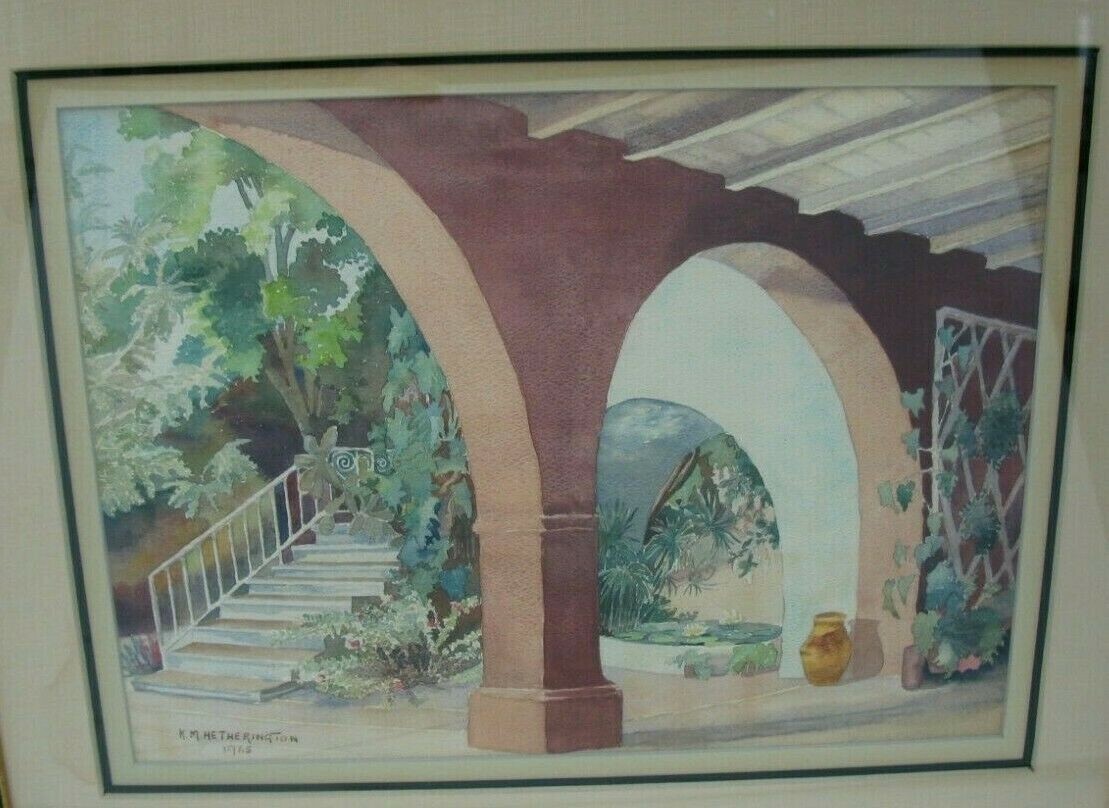 Vintage Watercolor Painting Frame Matted Hacienda Signed Dated 1965