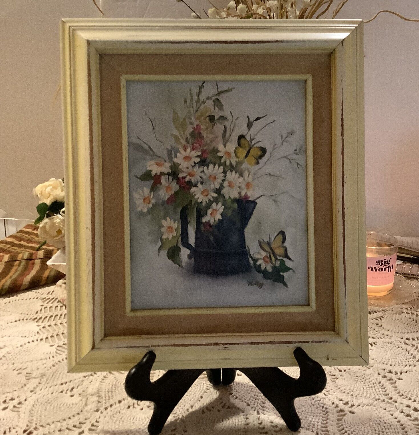 Original Oil painting canvas signed Holly daisy butterflies burlap framed 13″x15