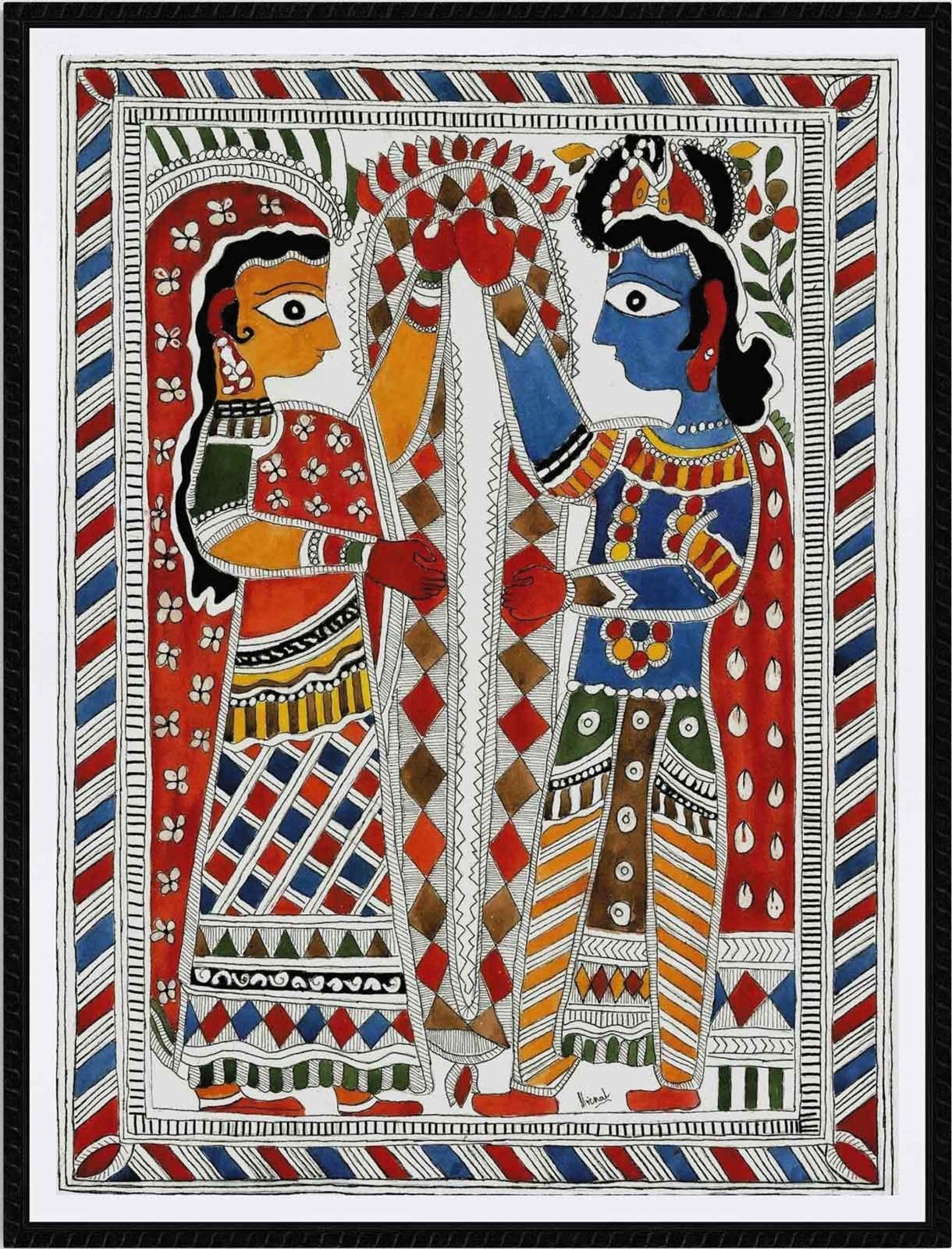 Wedding Garland. Watercolour & Ink. Madhubani Painting. Collectible, Home Decor