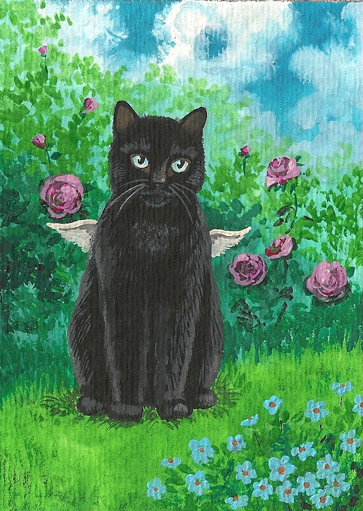 PRINT OF ACEO PAINTING BLACK CAT ANGEL FAIRY ROSE FOLK GARDEN SPRING RYTA FLOWER