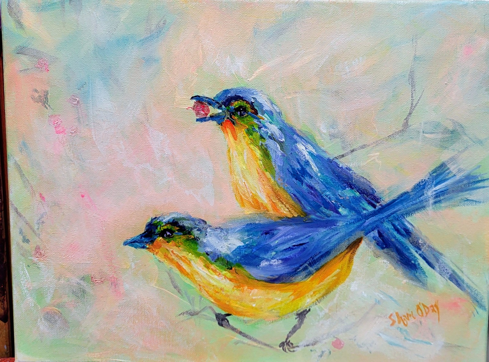 Original Painting 14 X 11 Acrylic Hand signed Expressive Style Blue Birds