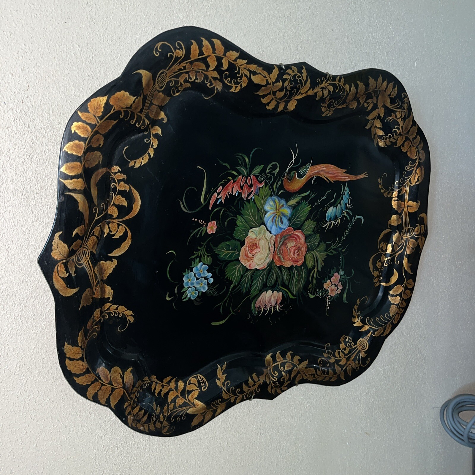 Huge Antique Primitive Toleware Tole Tray Bird Floral Folk Painting Decoration