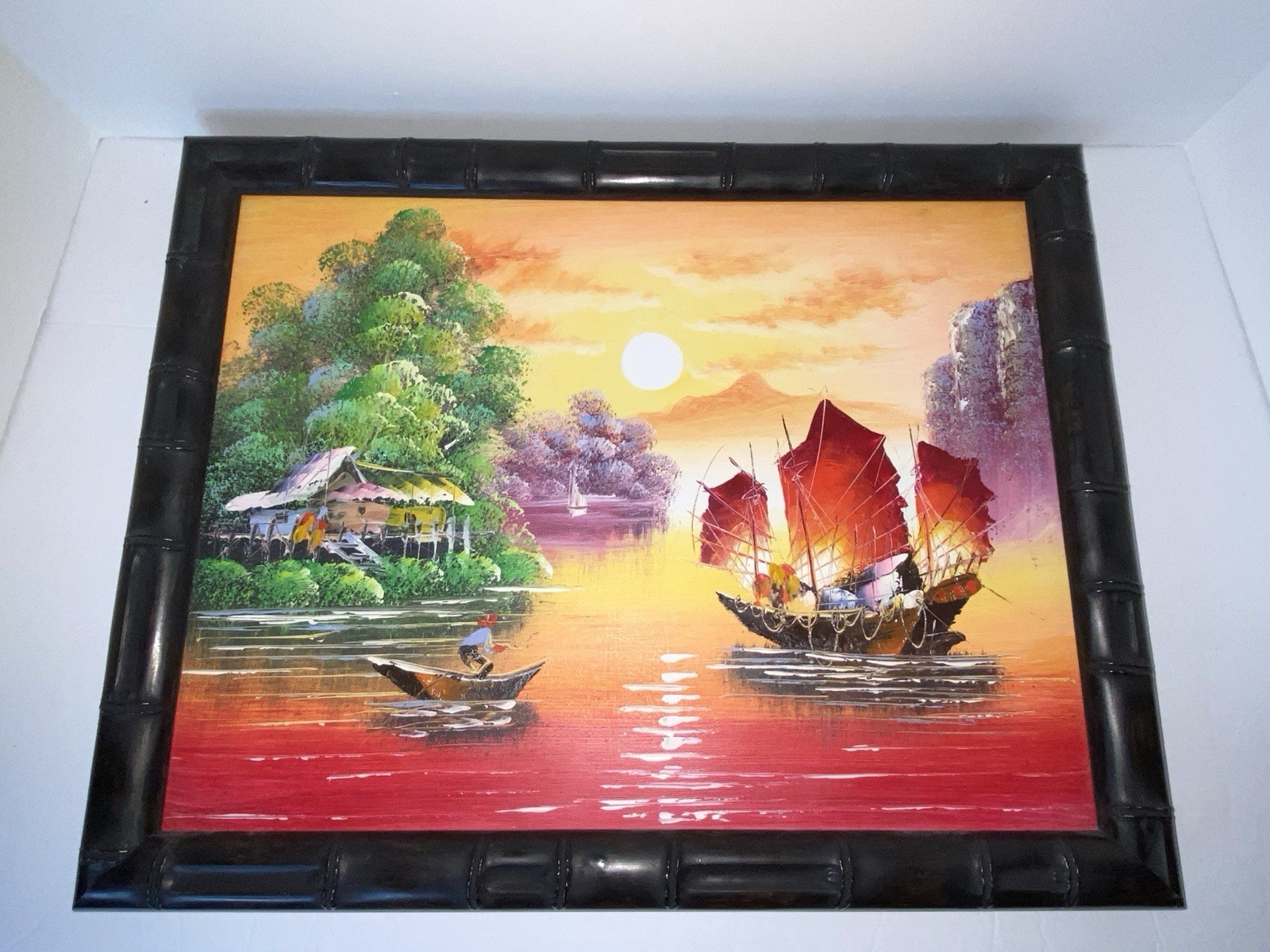 Vintage Asian Vibrant Color Sun Set Fishing Painting Estate Sale Find