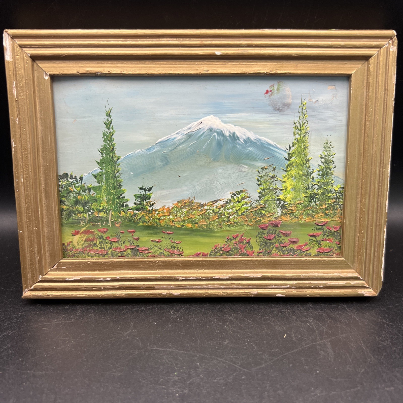 Vintage Miniature Framed Oil Painting Snowy Mountain Gold Frame 6.5 X 4.5 Signed