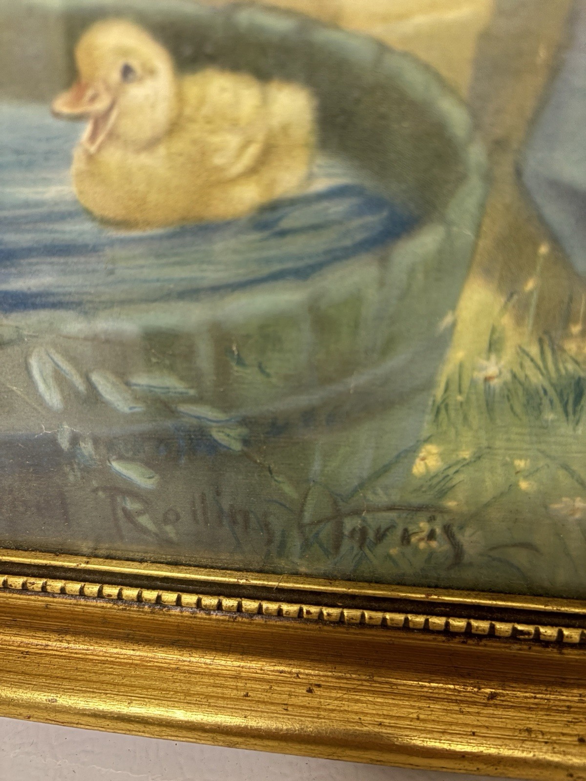 Rollins Krivas Signed Framed Painting Girl & Ducklings Realism Canvas 16×16 in