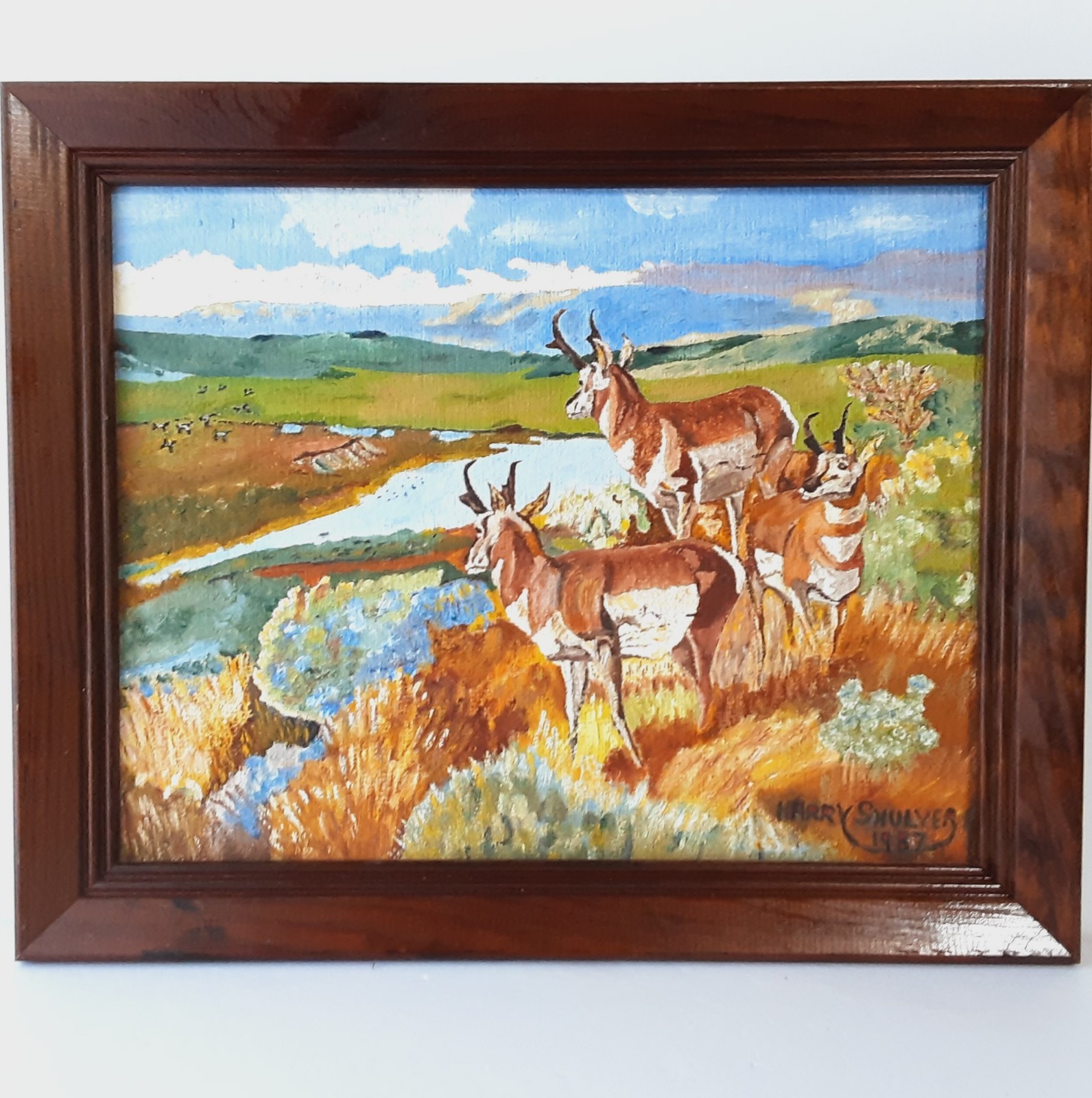Original Oil Painting Prong Horned Antelope Painting By H Schulberg 1987 16×14
