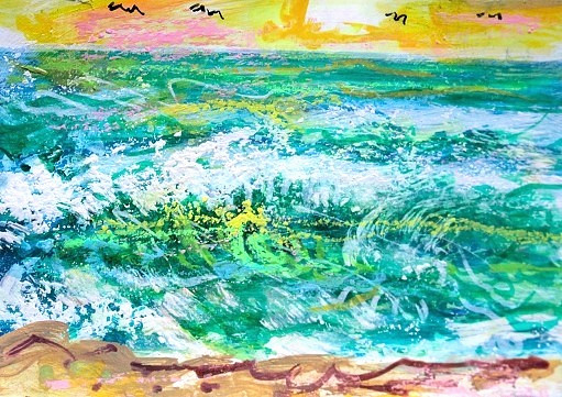 ORIGINAL ACEO Painting OCEAN Beach Waves Birds Sunset Summer Shore Sea ATC ART