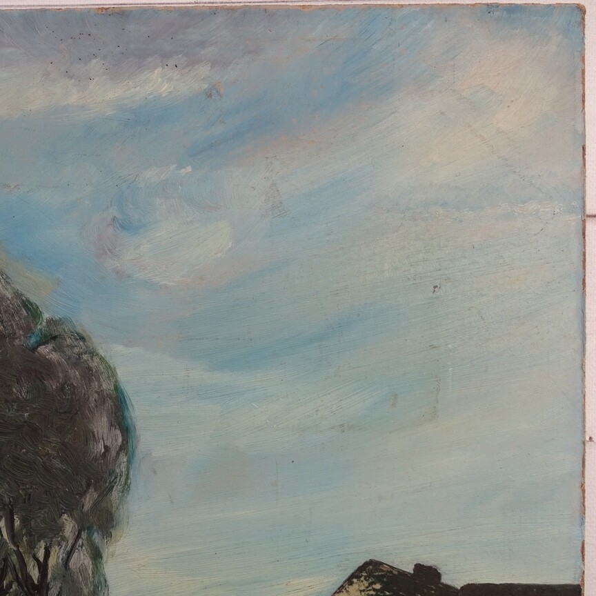 1921 Naive Folk Art Summer Landscape Oil Painting Signed R.C.Ingraham O/B 13×12