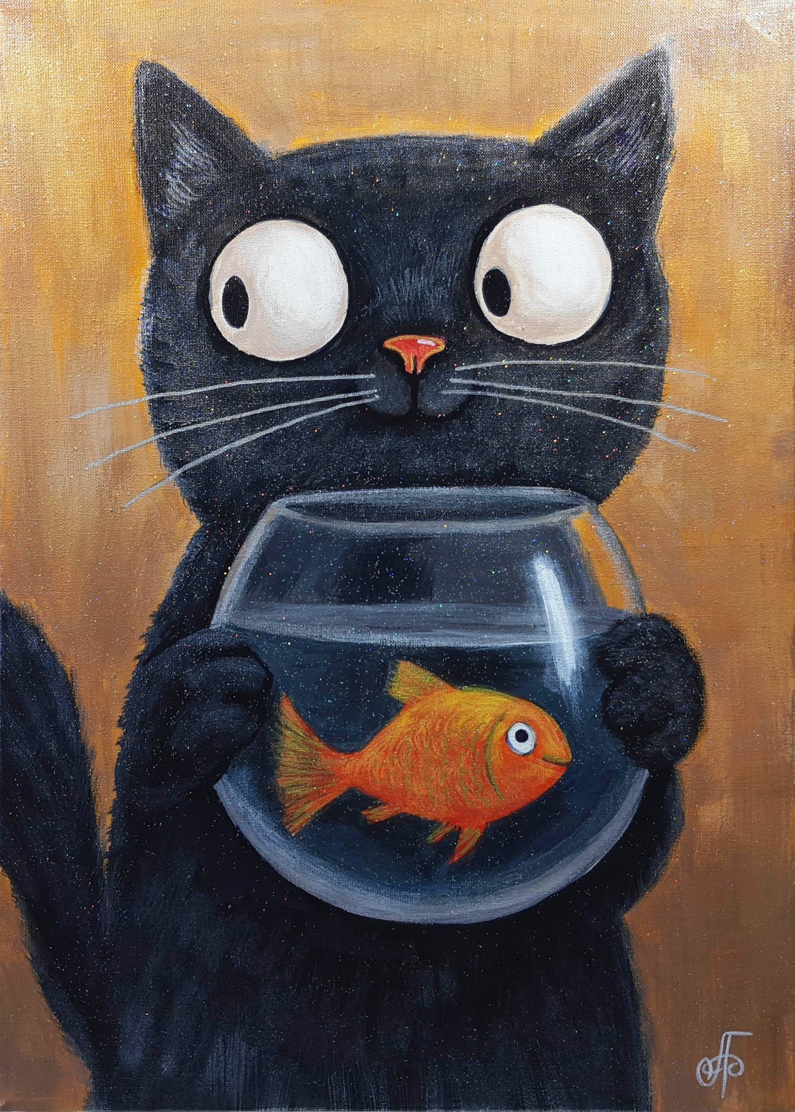 Original Acrylic Painting Funny Black Cat Goldfish Bowl Canvas Humor Wall Art