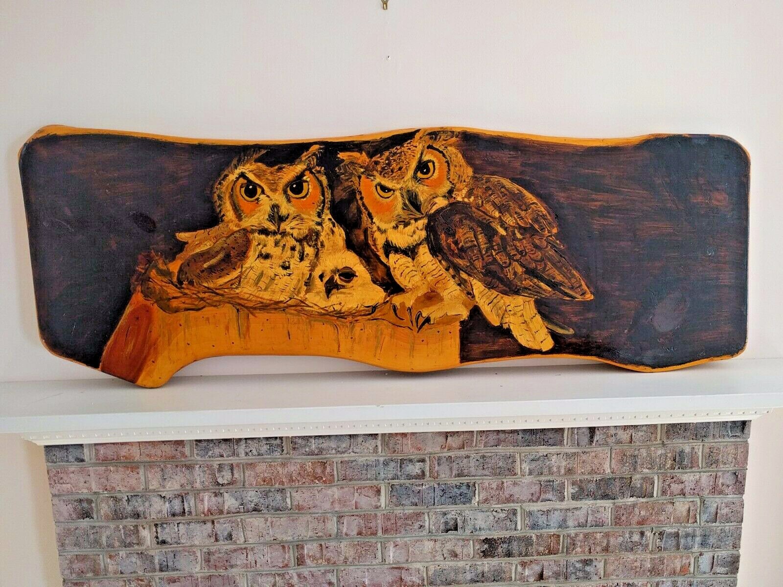 Large original Wooden Wall Painting or Tabletop: Owl Family rustic primitive