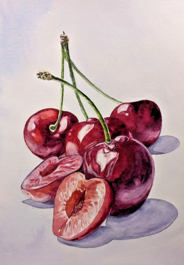 Cherry Red Berries Watercolor Nature Painting Fresh Summer Fruit Kitchen Art