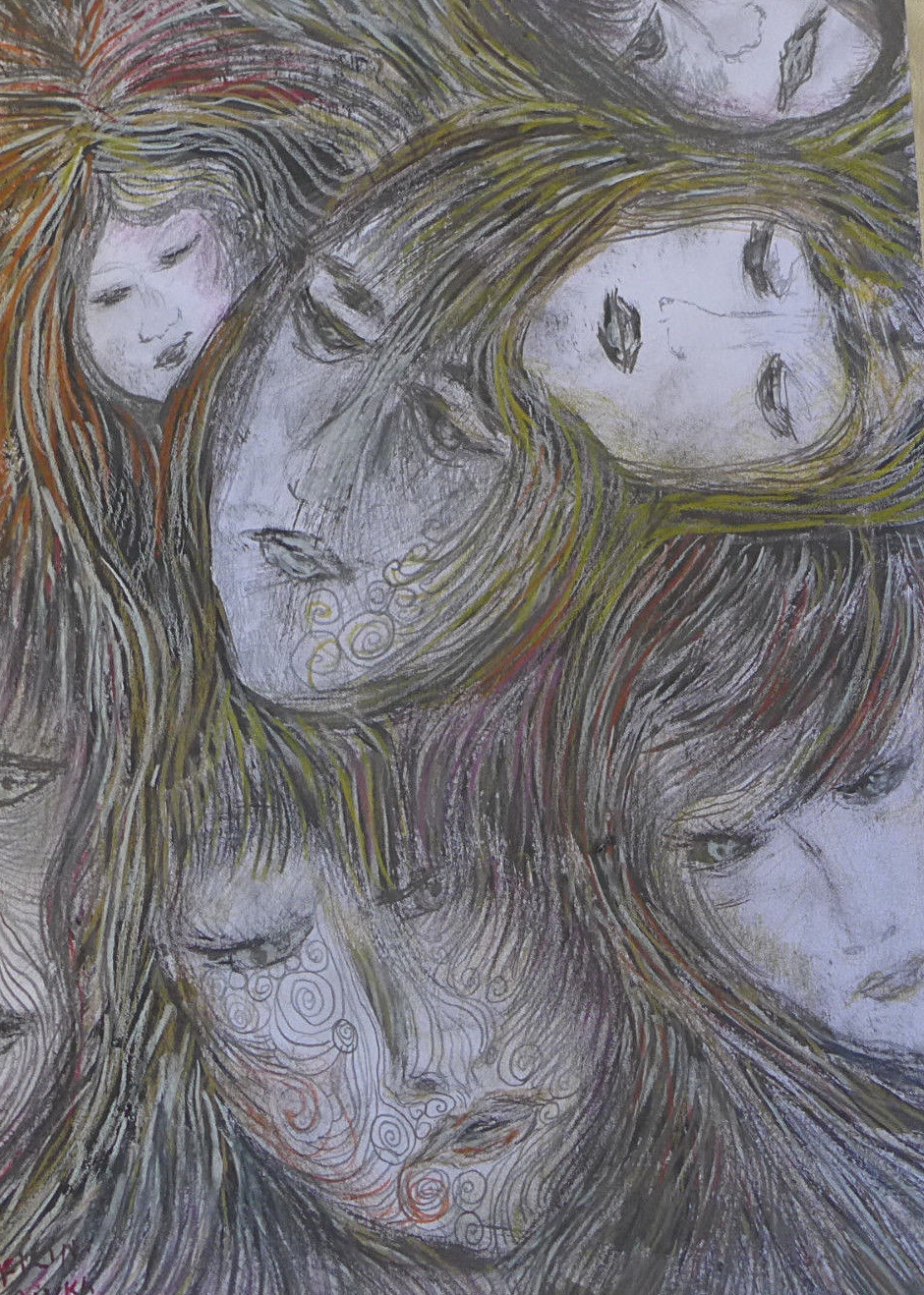 ORIGINAL FEMALE DRAWING 13 X 9 INCH BROWND BLACKS PENCILS BY RIVKA FILIIN