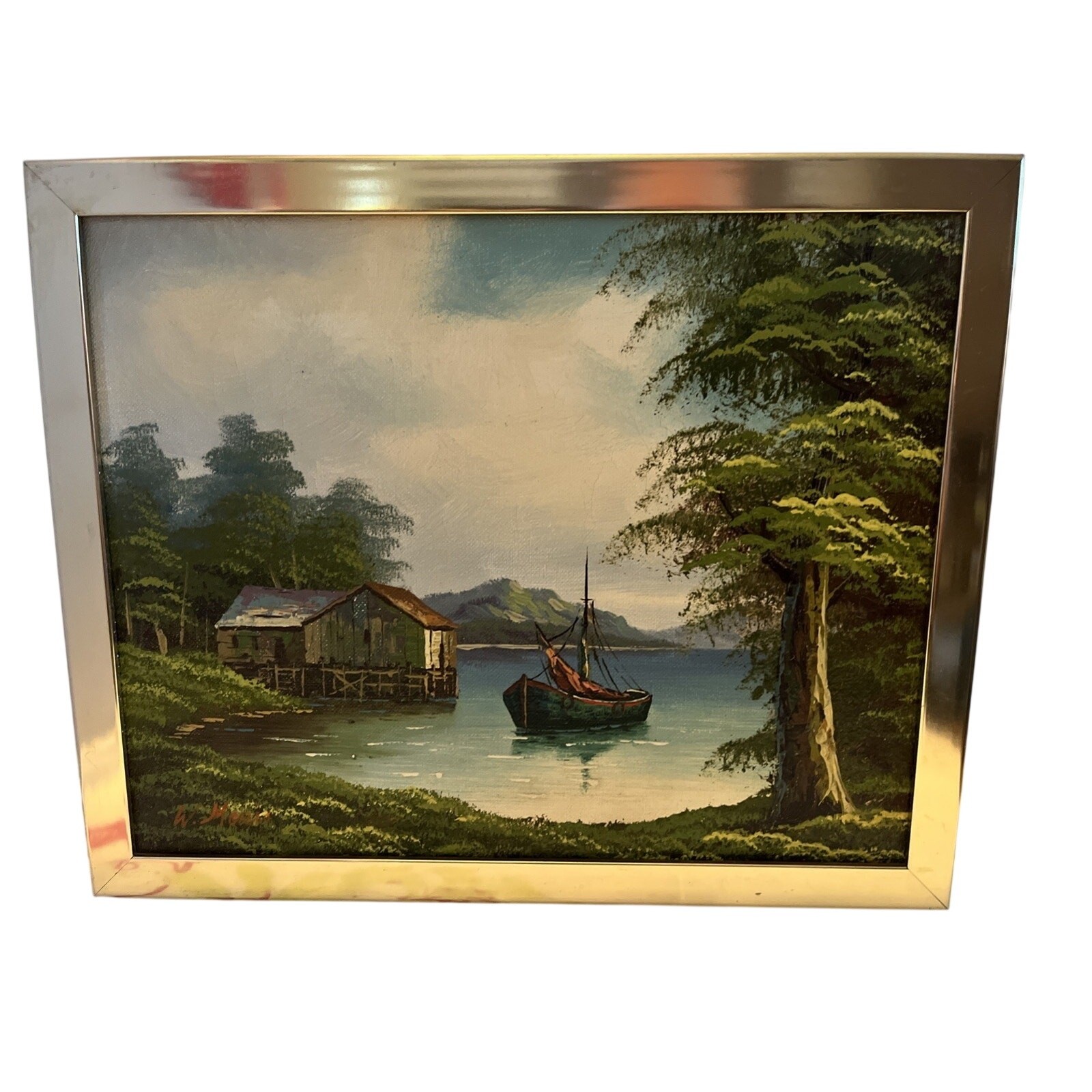 W. Morris Signed Framed Mid Century Landscape Oil Painting Boat Lake Cabin