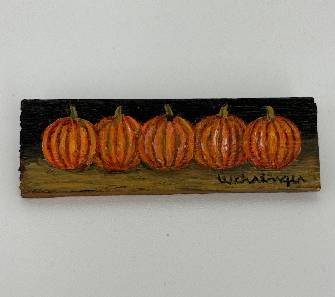 Charles Wehringer Miniature Oil Painting – Five Pumpkins, Americana 20th Century