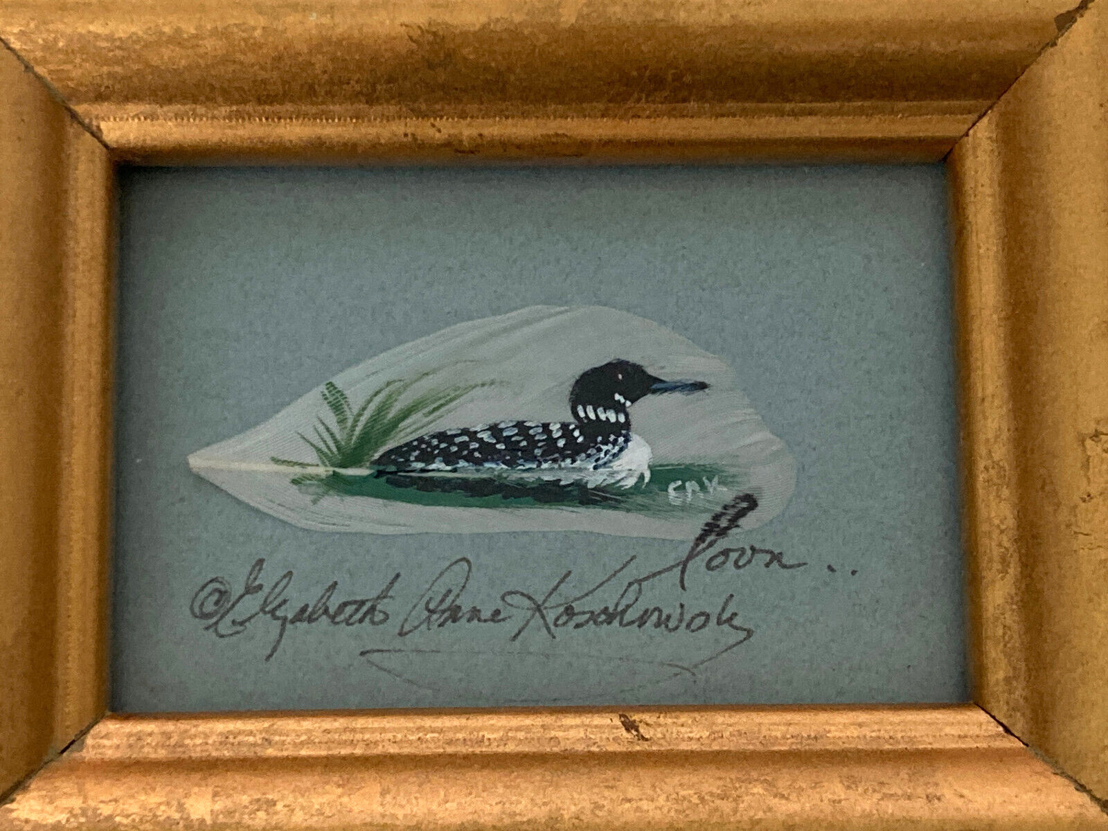 Framed Feather Art Acrylic Painted Loon on Swam Lake Signed Wall Art 4″ x 5″