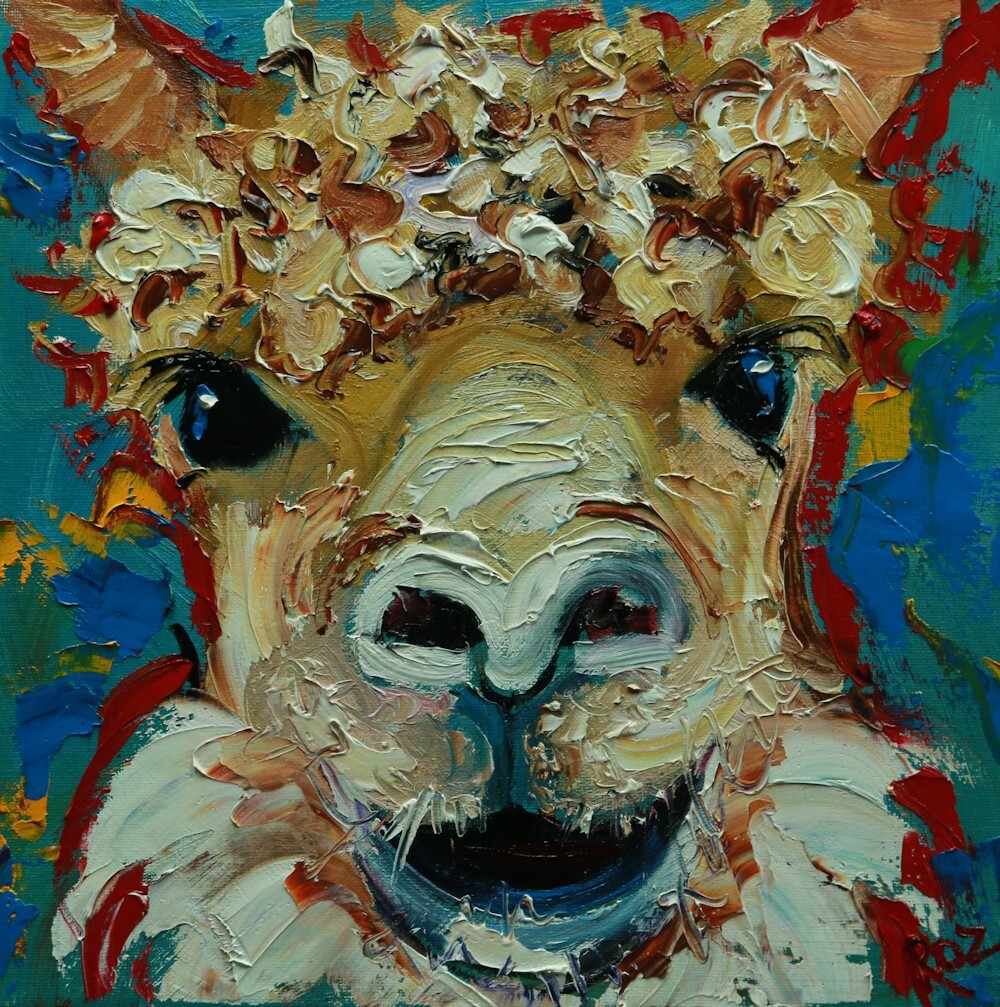 Alpaca #12 12×12″ original oil painting by Roz