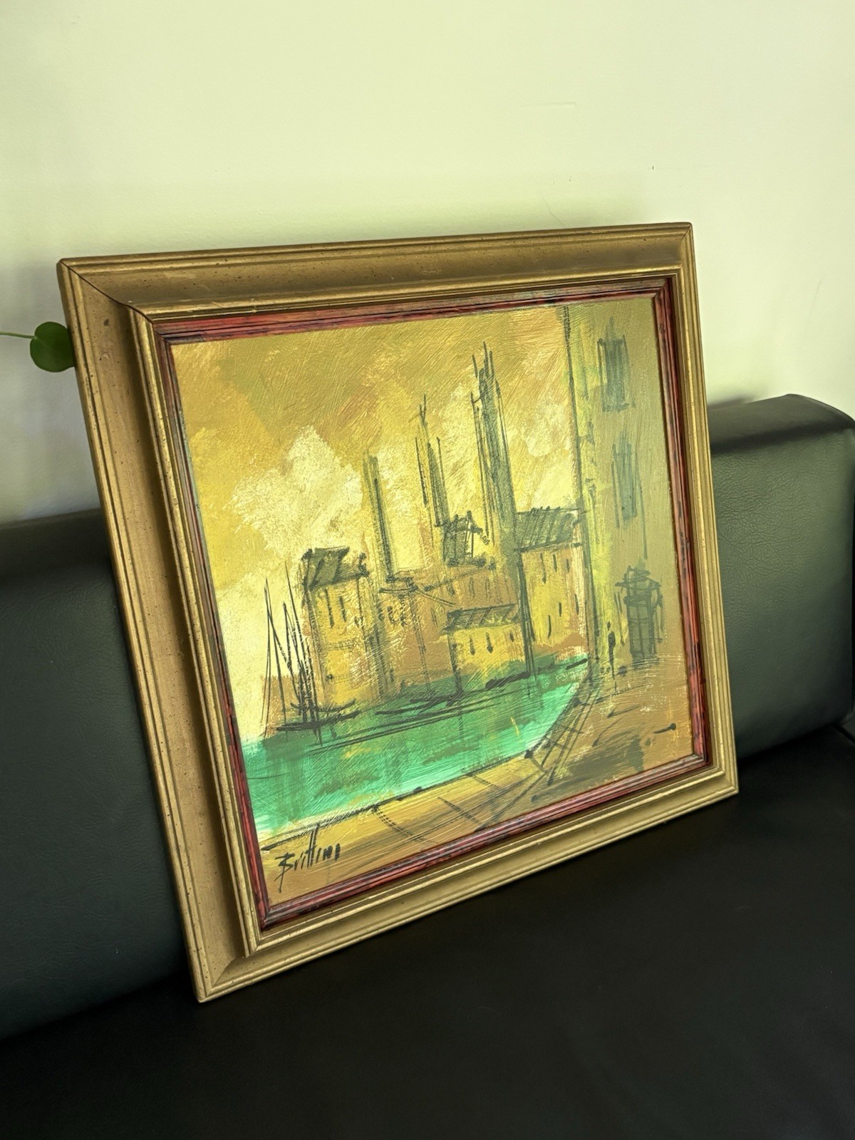 Vintage MCM Impasto Framed Painting Houses on Water Brittini 19” X 19”