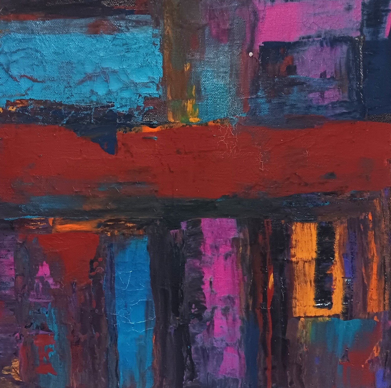 Small abstract acrylic original black turquoise blue purple red ochre «Chama»