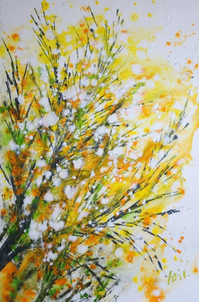 Forsythia Bloom Painting 24×36 Original Yellow White Floral Canvas Spring Wall