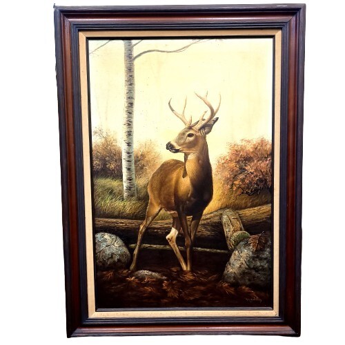 VTG Oil Painting Realistic YOUNG DEER BUCK by Ron Balaban Forest Nature 44×32″