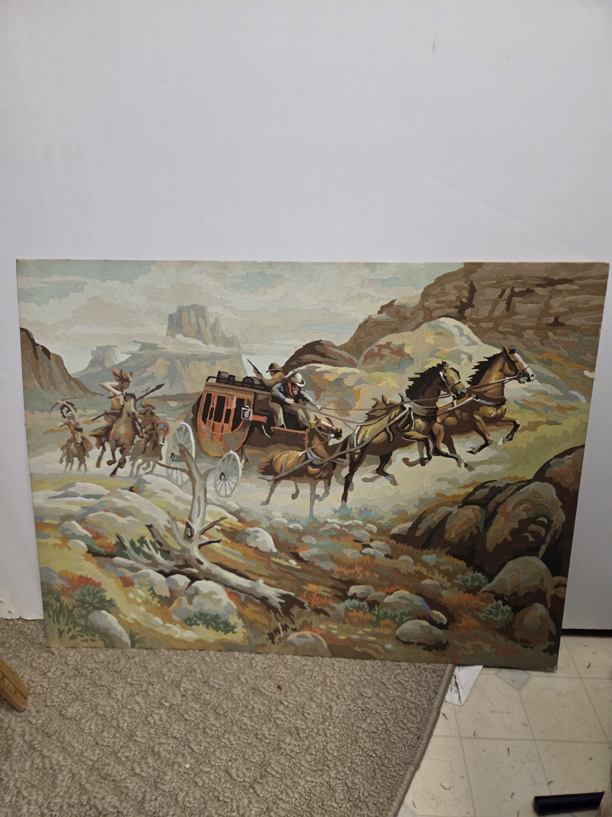 Vtg Western Paint By Number Painting 24×18 Cowboys Indians Stagecoach Robbery