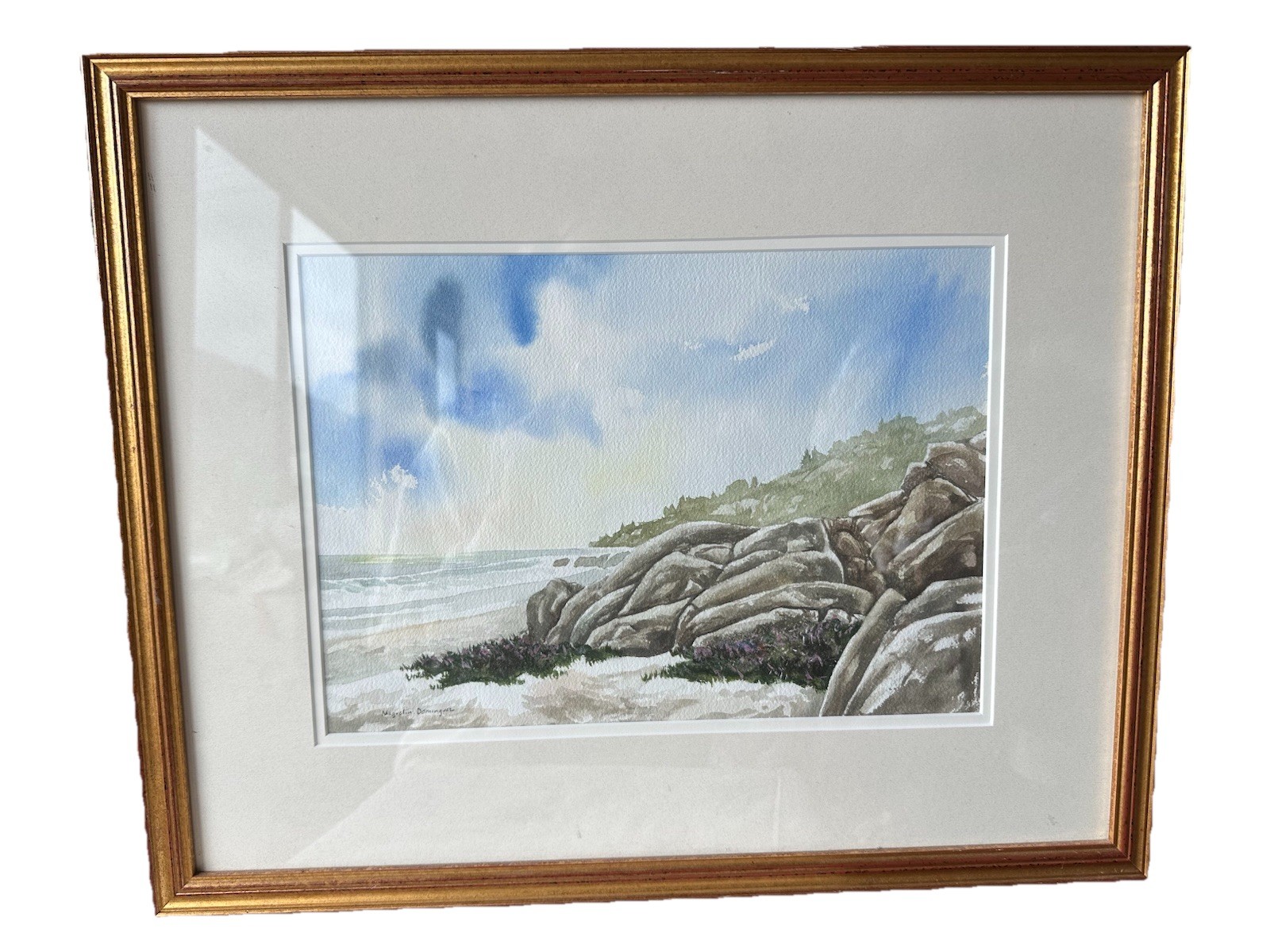 Original Watercolor SUNSET by Miguelin Dominguez Signed and Framed 17.5”x21.5”
