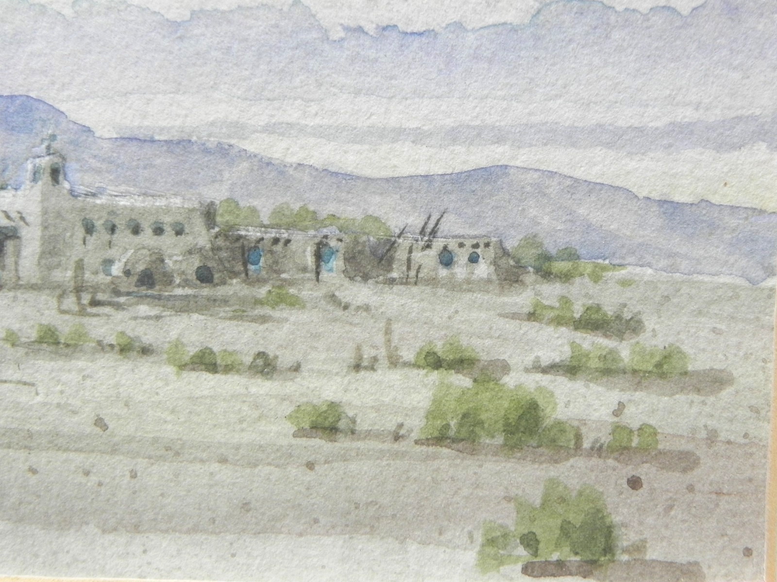 New Mexico Southwest art small watercolor painting mission church Eugene Kimura