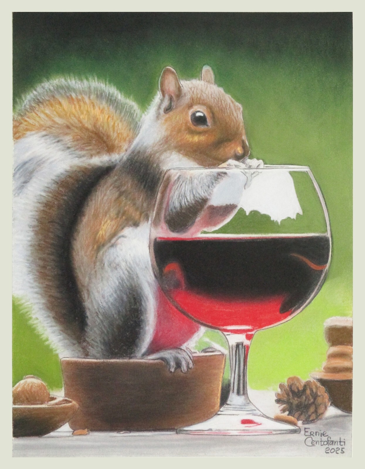 Animal Artwork #159 Pastel Painting Squirrel Enjoying a Glass of Wine