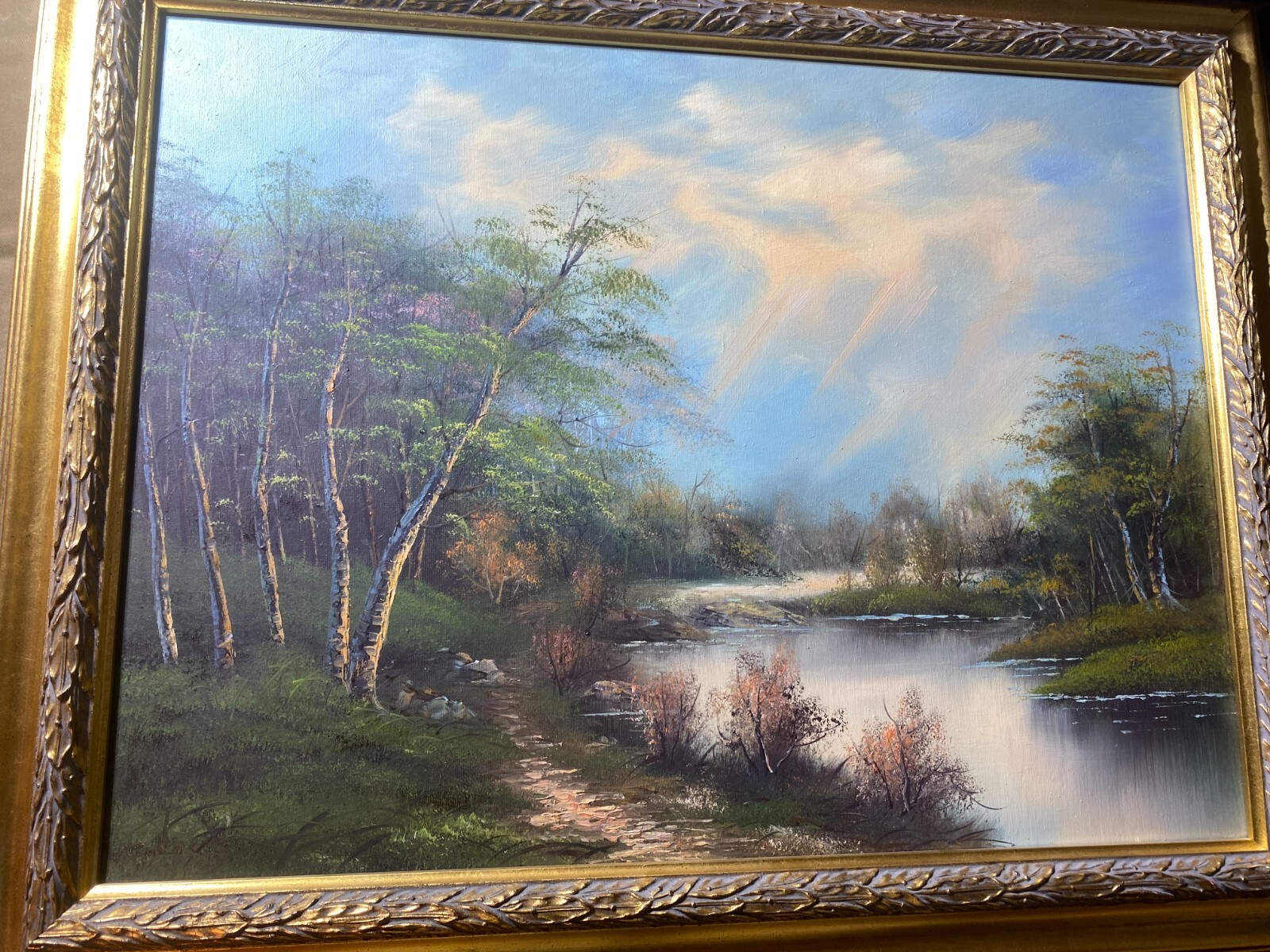 «River And Forest Landscape Scene» Oil On Canvas Painting – Framed