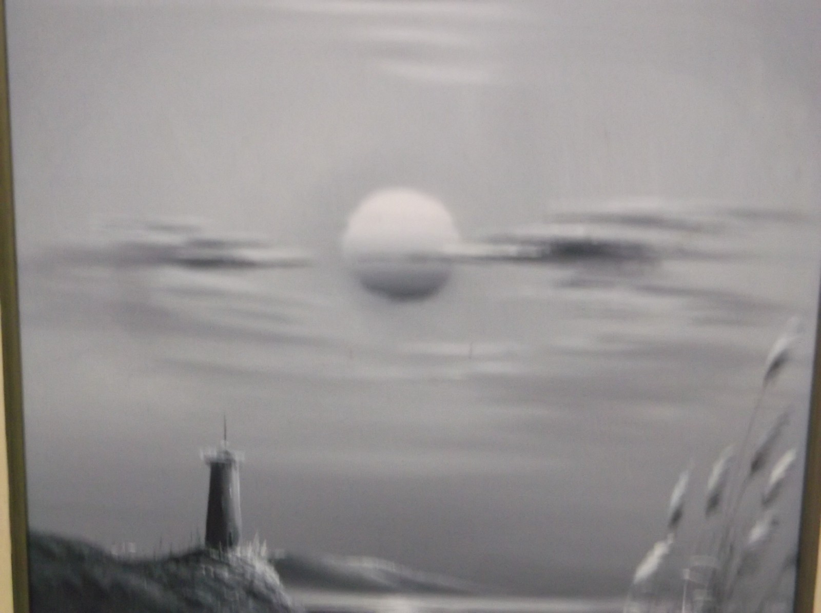 Signed Oil Painting Tranquil Night – Black and White – Full Moon – Lighthouse