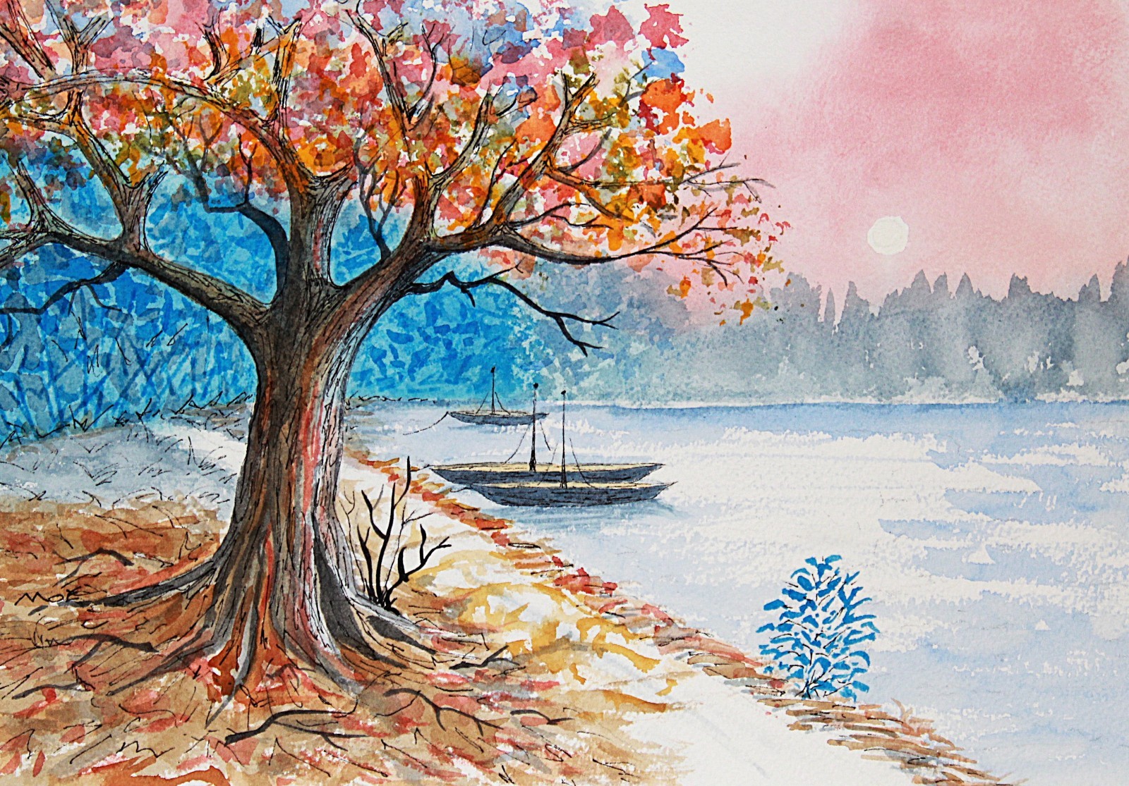 Original Watercolor Painting 0016 «Autumn Mooring» 13 x 9 (Unframed)