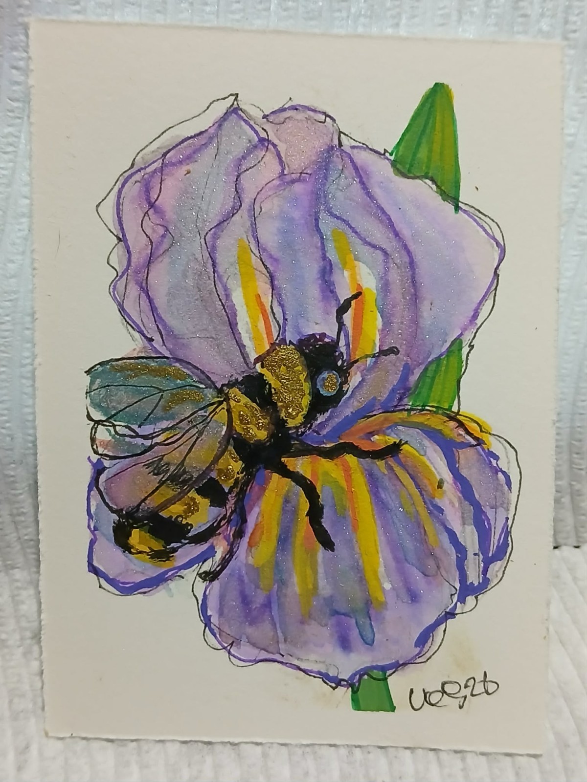 ACEO OOAK Series Bees & Blooms in Watercolor Scribble Outline Style Purple Iris