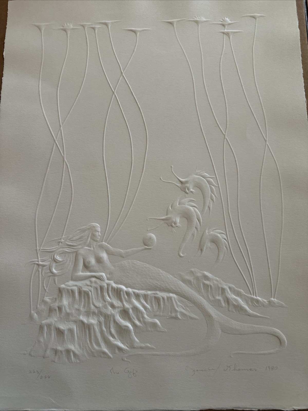 MERMAID PAINTING, THE GIFT By BRANCHE THOMAS , EMBOSSED PRINT (Free Shipping)COA