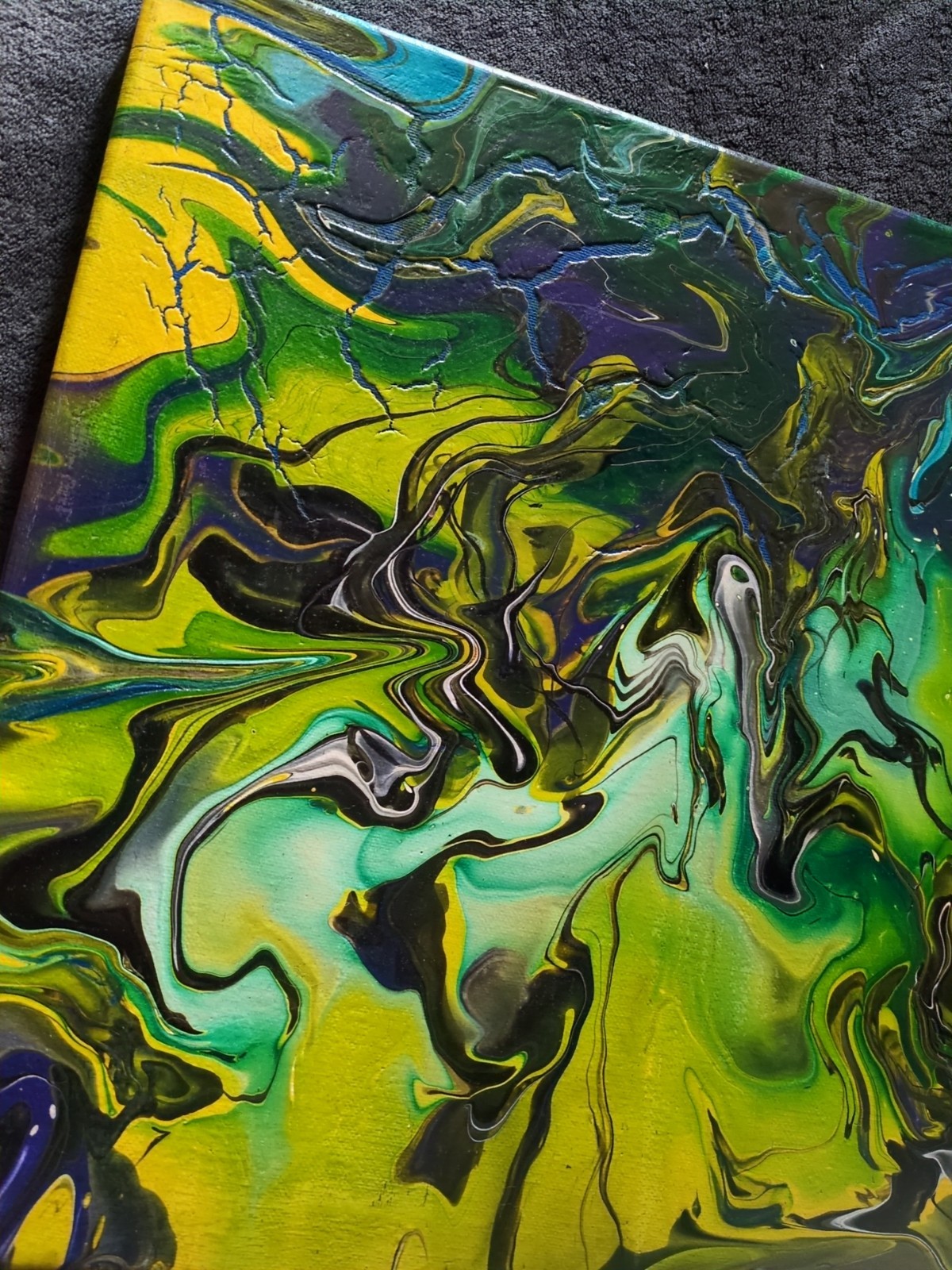 Poured Acrylic Drip Painting Abstract 14″ By 14″ Canvas Green Yellow Blue Colors