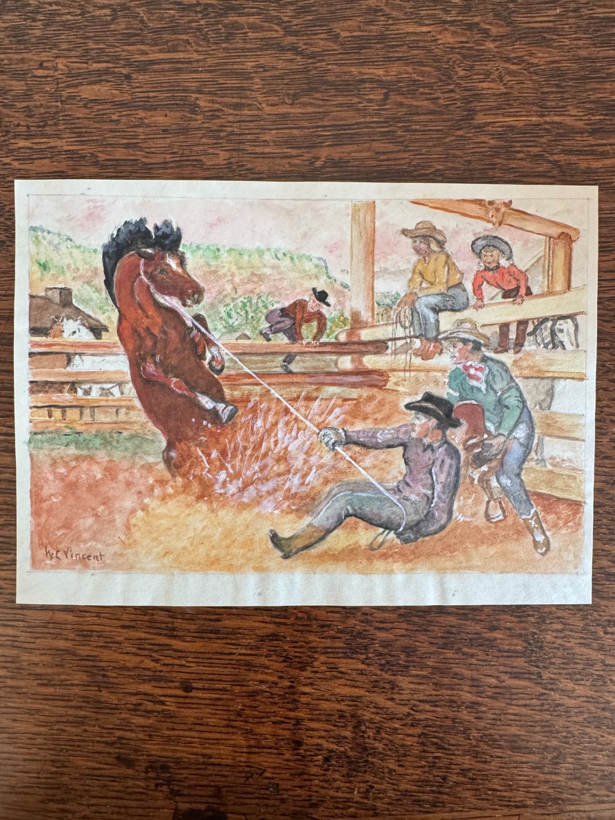 Vintage 1920s Watercolor Painting Cowboys Western Horse Signed WC Vincent 8 x 6