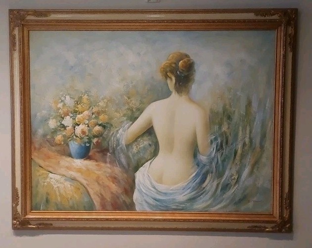 B. Danny Impressionist Oil Painting Woman with Flowers Signed Framed Art