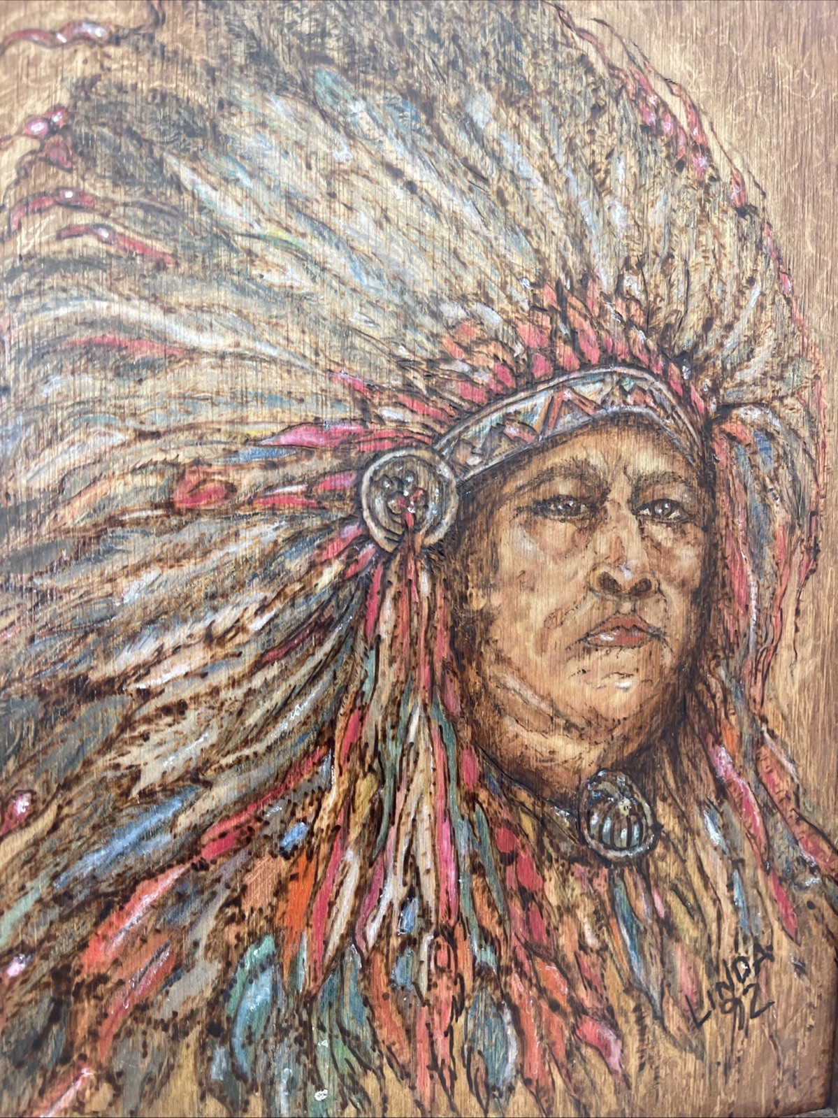 Native Sioux Indian Chief Etched Painting Sitting Bull On Wood 15×12” Vintage
