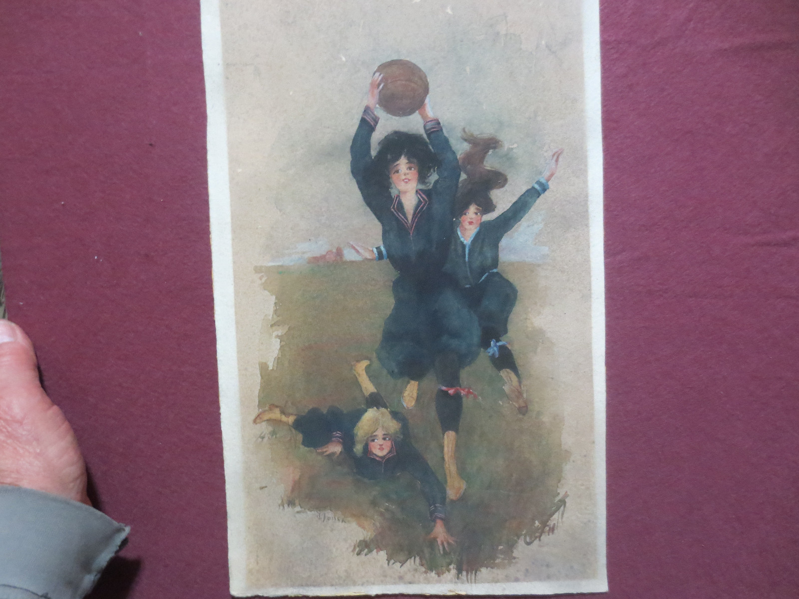ORIGINAL SIGNED WATERCOLOR PAINTING «GIRLS PLAYING FOOTBALL/SOCCER» c1912 SPORTS