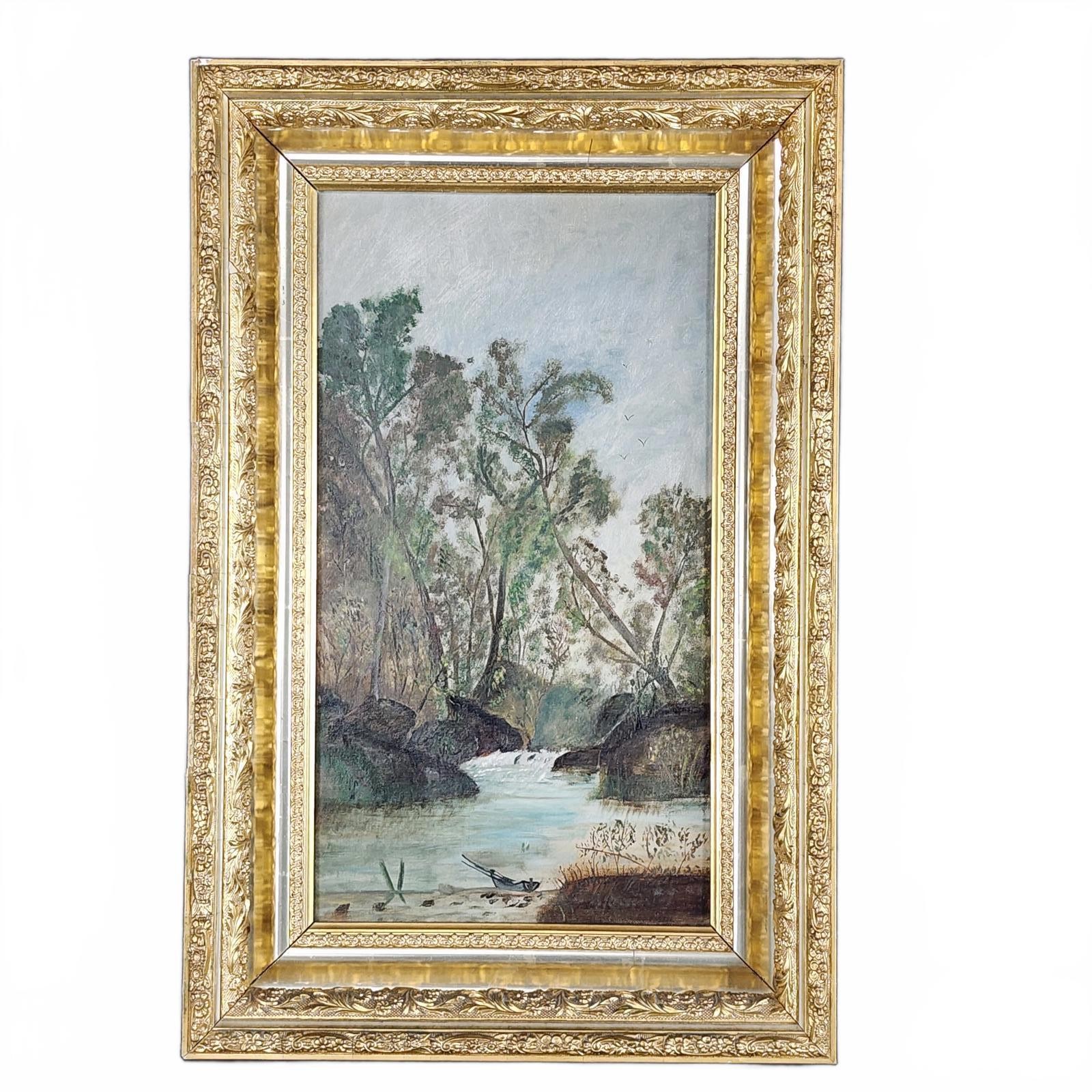 19th C Oil on Canvas Painting – Gilt Wood Frame with Silver Accents 17″x 26″