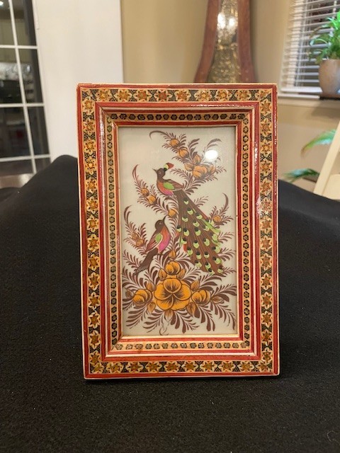 Khatam Marquestry Frame Birds Floral Hand Painted on silk 5.5X8.5 Free standREAD