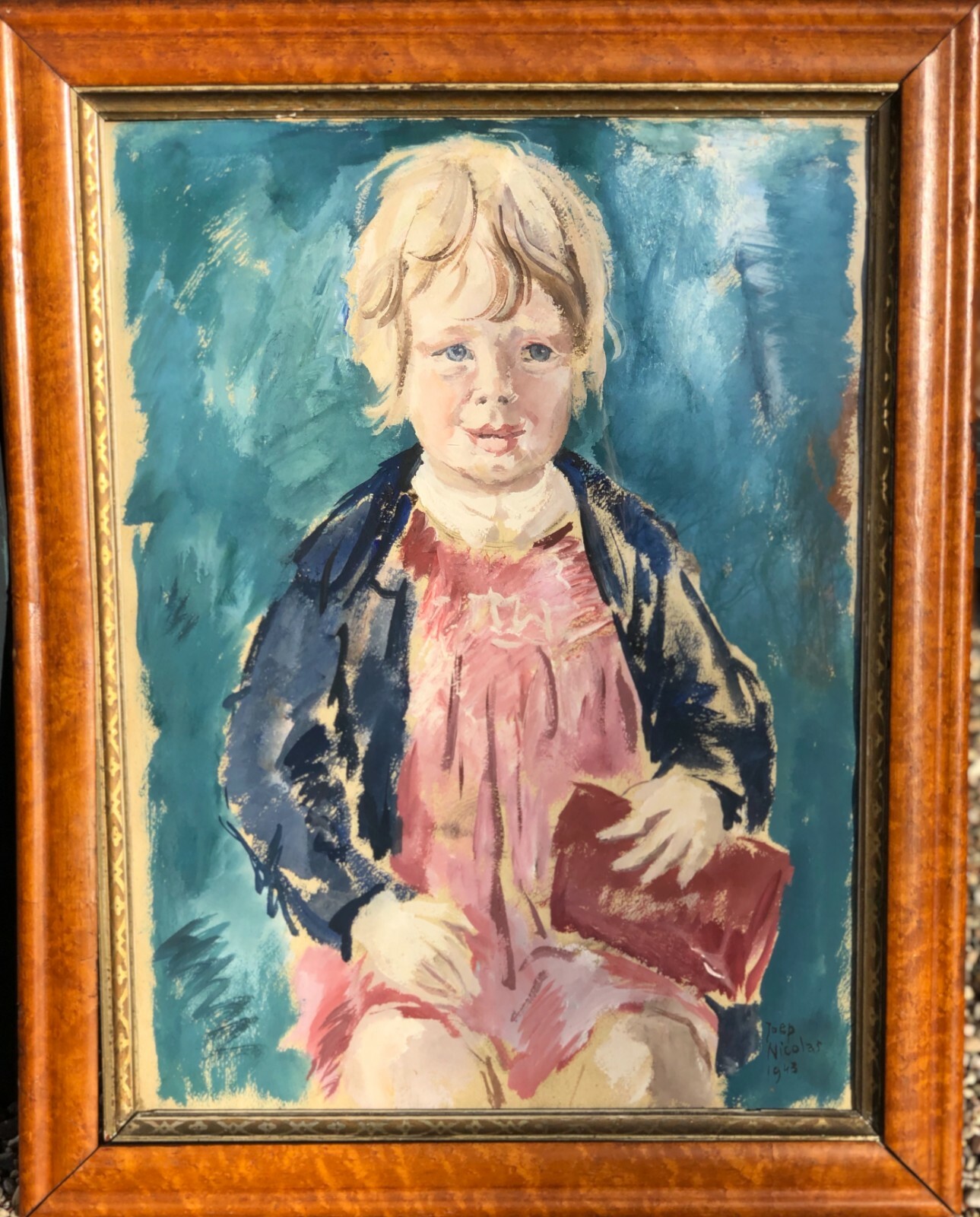 Blonde Hair Little Girl & Red Purse or Book Gouache Painting -1943-Joep Nicolas