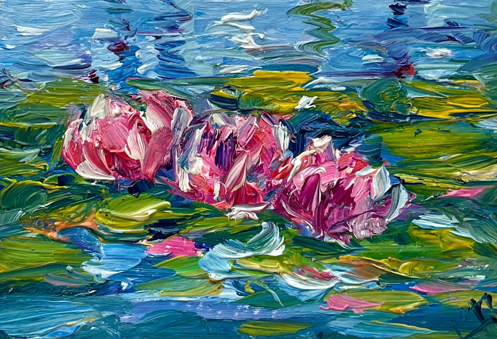 ACEO Original Oil Painting Pink Lotuses Art Cards Impasto 3.5×2.5 Signed OS