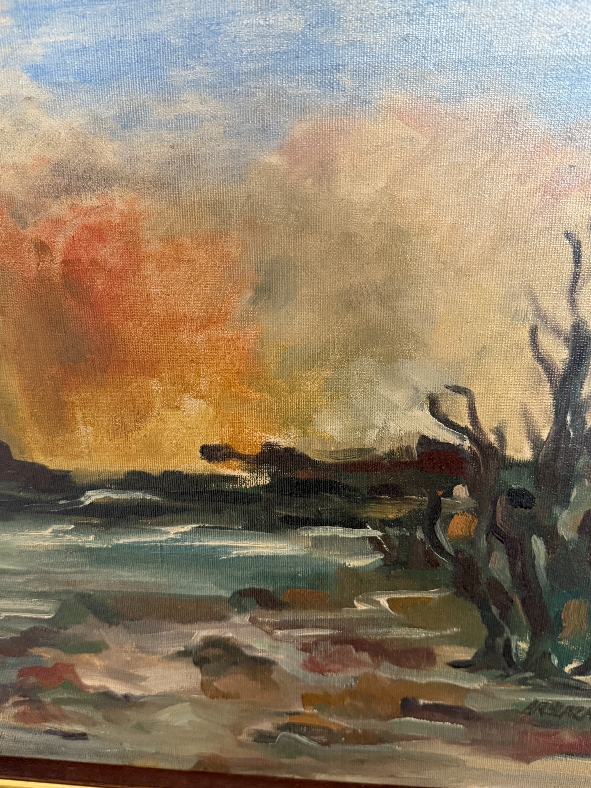 Vintage Mid Century Modern Signed Oil Painting Expressionist Coastal Landscape