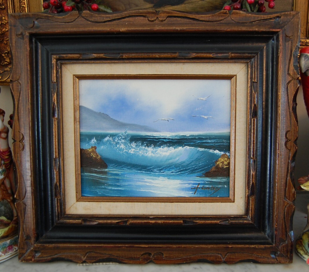 VTG FRAMED ORIGINAL OIL FOAMY WAVES & SEAGULLS MOODY SEASCAPE ARTIST: H. GAILEY