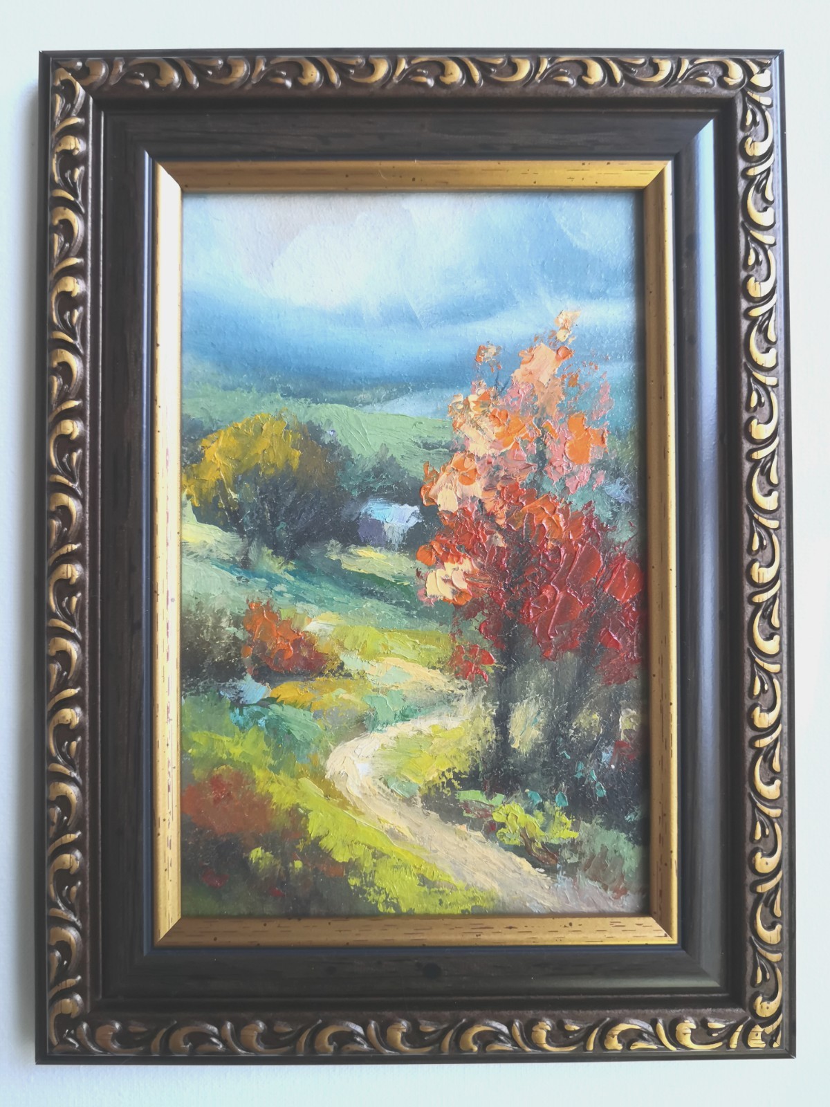 Original Oil Painting in a Frame Autumn Nature Village 6х4 in Miniature