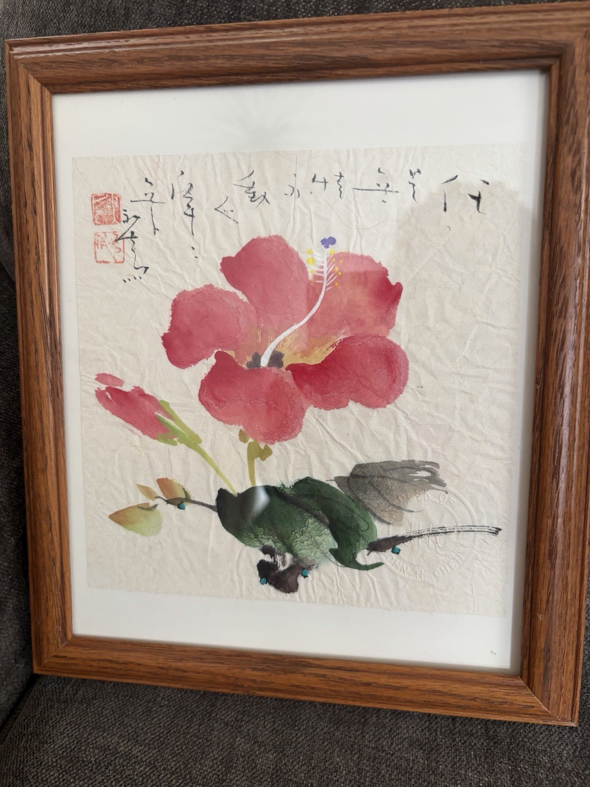 2 Signed Original Chinese Traditional Watercolors Hibiscus John H Chen Stamped